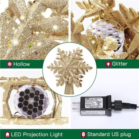 Christmas Tree Topper Lighted with Golden Snowflake Projector, Led - Picture 2 of 6